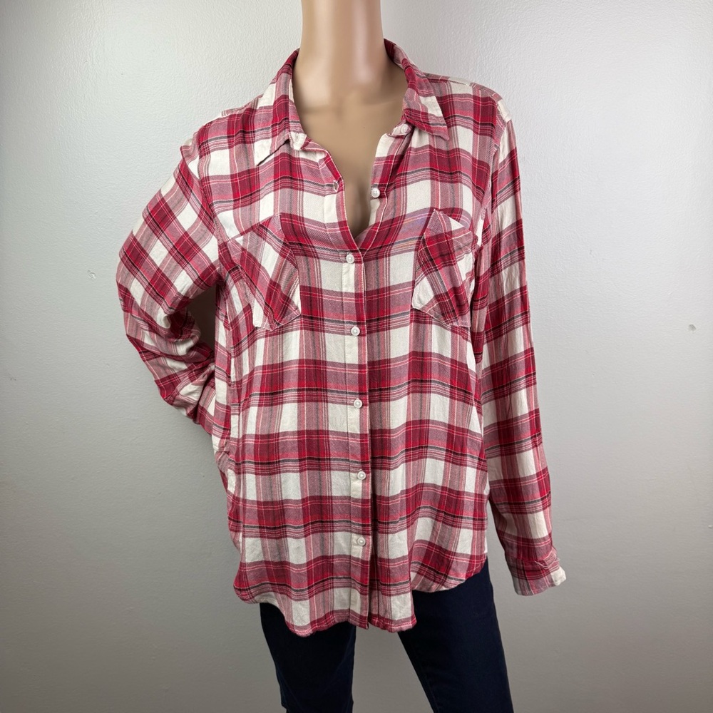 Lucky Brand‎ Women’s Plaid Button Down Flannel Red/Black/White Tie Back Size L